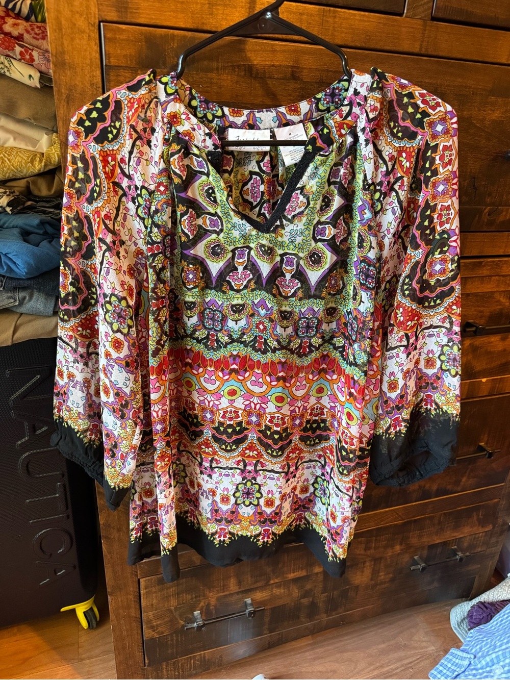Multicolor Printed Boho Tunic Top — V-Neck Long Sleeve